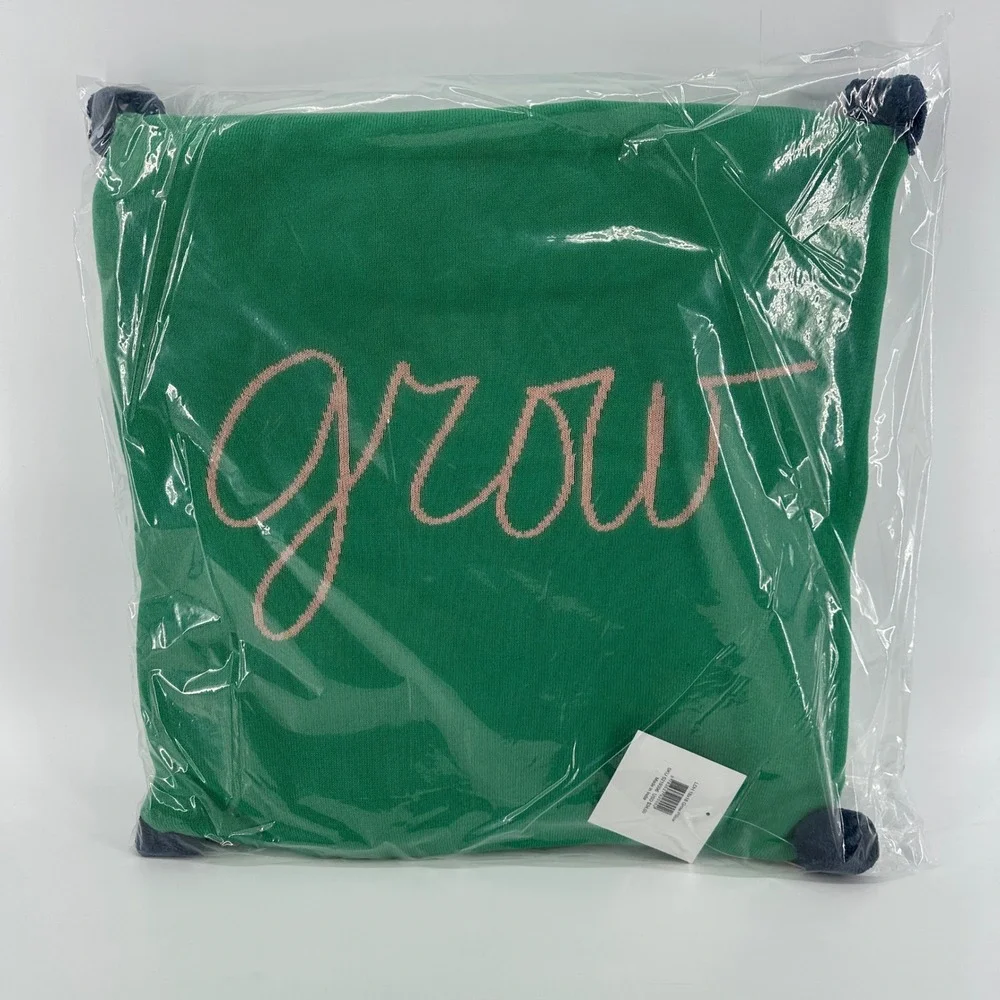 Latter-Day Home Grow Embroidered Throw Pillow Green Pink Script Pom Poms 18x18